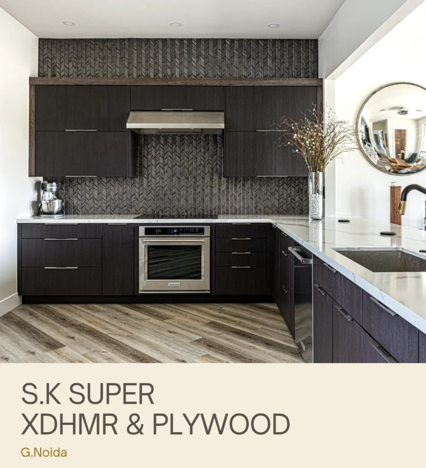 Premium dark modern kitchen with herringbone backsplash and marble countertops