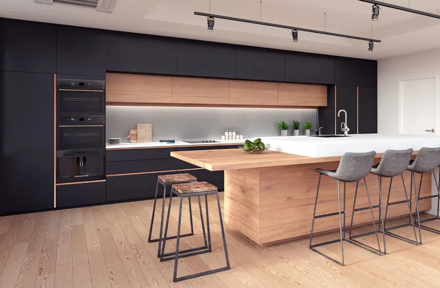 Modern luxury kitchen with dark navy cabinetry and wooden island