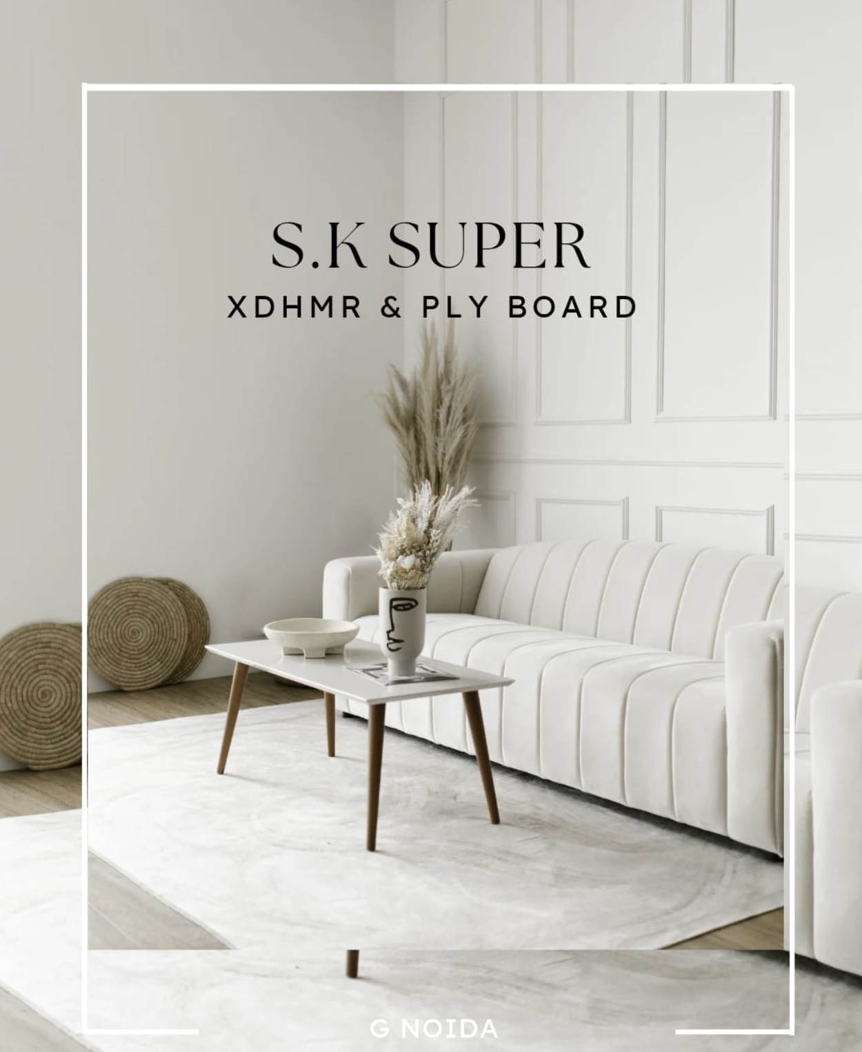 Minimalist modern living room with white tufted sofa and natural wood accents